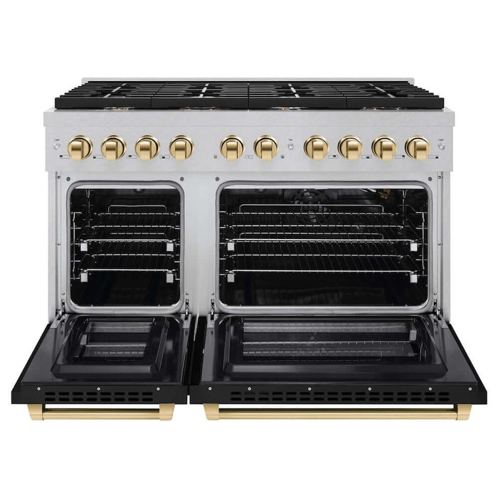 ZLINE Autograph Edition 48 in. 6.7 cu. ft. Paramount Double Oven Gas Range with 8 Burner Cooktop in DuraSnow® Stainless Steel with Black Matte Doors and Polished Gold Accents (SGRSZ-BLM-48-G)