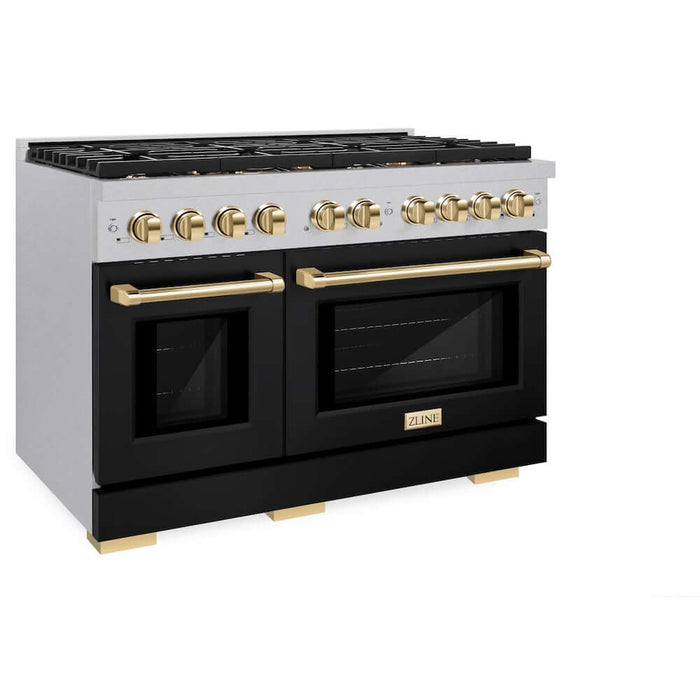 ZLINE Autograph Edition 48 in. 6.7 cu. ft. Paramount Double Oven Gas Range with 8 Burner Cooktop in DuraSnow® Stainless Steel with Black Matte Doors and Polished Gold Accents (SGRSZ-BLM-48-G)