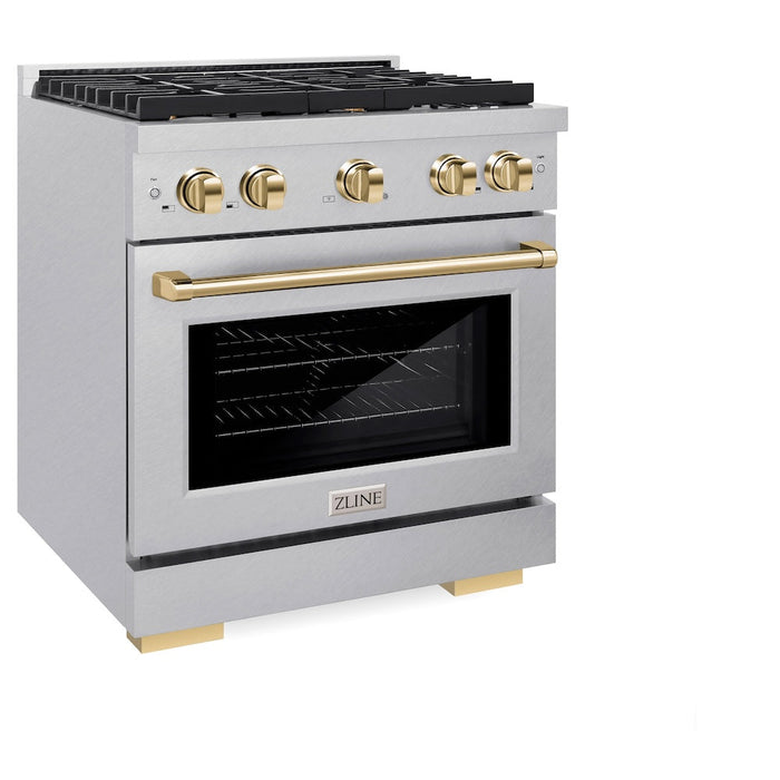 ZLINE Autograph Edition 30 in. 4.2 cu. ft. Paramount Dual Fuel Range with 4 Burner Gas Cooktop and Electric Convection Oven in DuraSnow® Stainless Steel with Polished Gold Accents (SDRSZ-30-G)