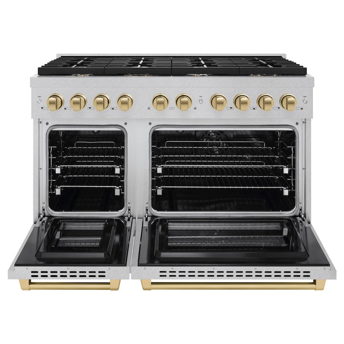 ZLINE Autograph Edition 48 in. 6.7 cu. ft. Paramount Double Oven Dual Fuel Range with 8 Burner Gas Cooktop in DuraSnow® Stainless Steel and Champagne Bronze Accents (SDRSZ-48-CB)