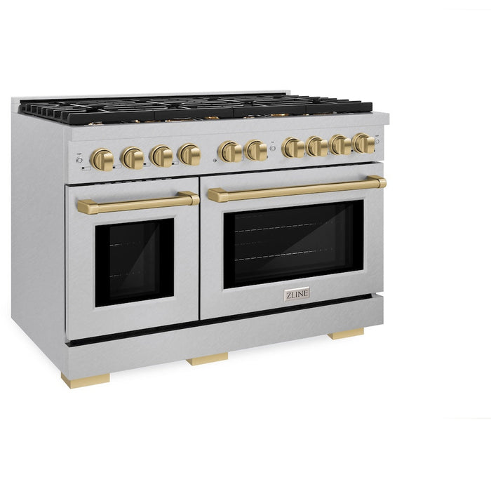 ZLINE Autograph Edition 48 in. 6.7 cu. ft. Paramount Double Oven Dual Fuel Range with 8 Burner Gas Cooktop in DuraSnow® Stainless Steel and Champagne Bronze Accents (SDRSZ-48-CB)