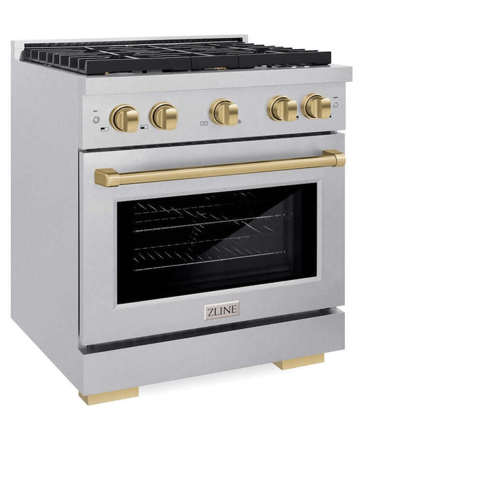 ZLINE Autograph Edition 30 in. 4.2 cu. ft. Paramount Gas Range with 4 Burner Cooktop and Convection Gas Oven in DuraSnow® Stainless Steel and Champagne Bronze Accents (SGRSZ-30-CB)