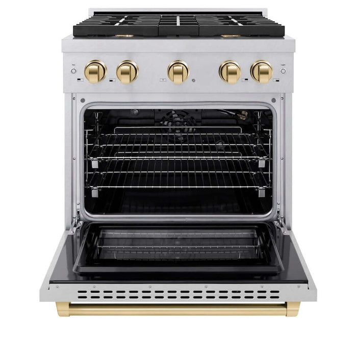 ZLINE Autograph Edition 30 in. 4.2 cu. ft. Paramount Gas Range with 4 Burner Cooktop and Convection Gas Oven in DuraSnow® Stainless Steel and Polished Gold Accents (SGRSZ-30-G)