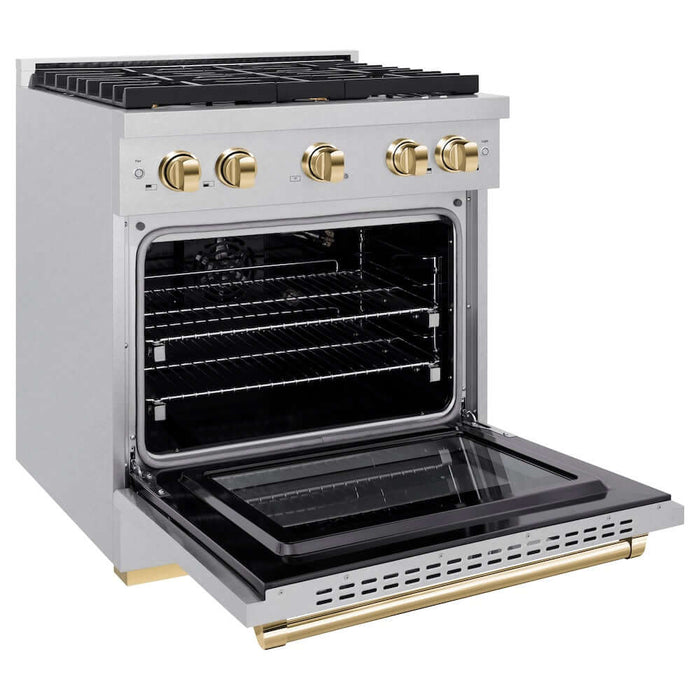 ZLINE Autograph Edition 30 in. 4.2 cu. ft. Paramount Gas Range with 4 Burner Cooktop and Convection Gas Oven in DuraSnow® Stainless Steel and Polished Gold Accents (SGRSZ-30-G)