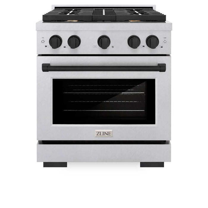 ZLINE Autograph Edition 30 in. 4.2 cu. ft. Paramount Gas Range with 4 Burner Cooktop and Convection Gas Oven in DuraSnow® Stainless Steel and Matte Black Accents (SGRSZ-30-MB)