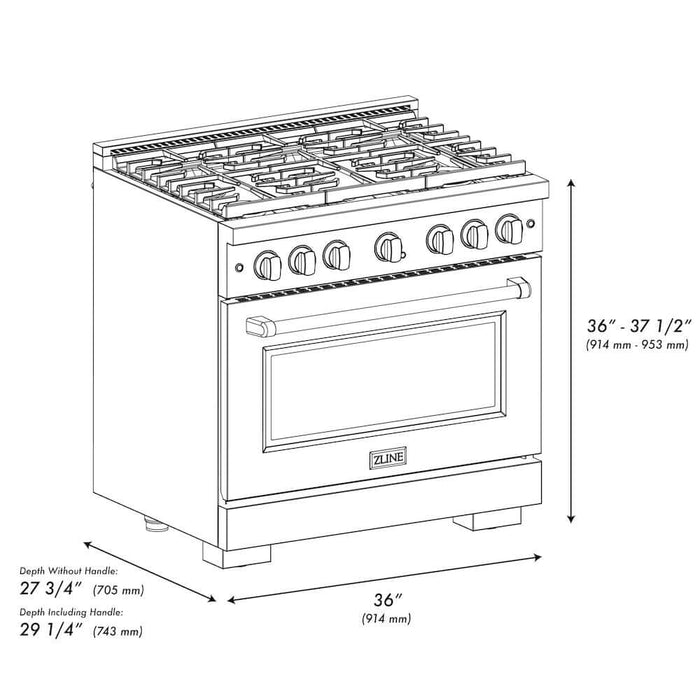 ZLINE Autograph Edition 36 in. 5.2 cu. ft. Paramount Gas Range with 6 Burner Cooktop and Convection Gas Oven in DuraSnow® Stainless Steel and Champagne Bronze Accents (SGRSZ-36-CB)