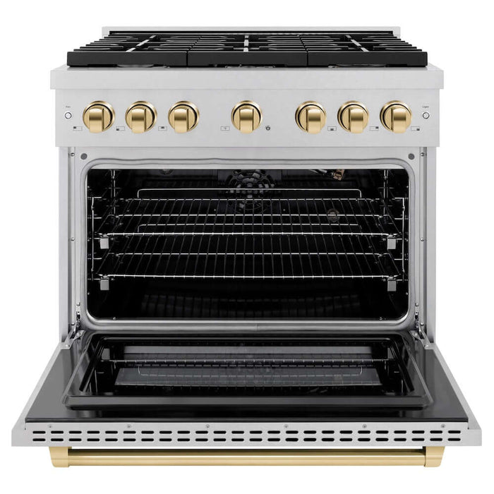 ZLINE Autograph Edition 36 in. 5.2 cu. ft. Paramount Gas Range with 6 Burner Cooktop and Convection Gas Oven in DuraSnow® Stainless Steel and Polished Gold Accents (SGRSZ-36-G)