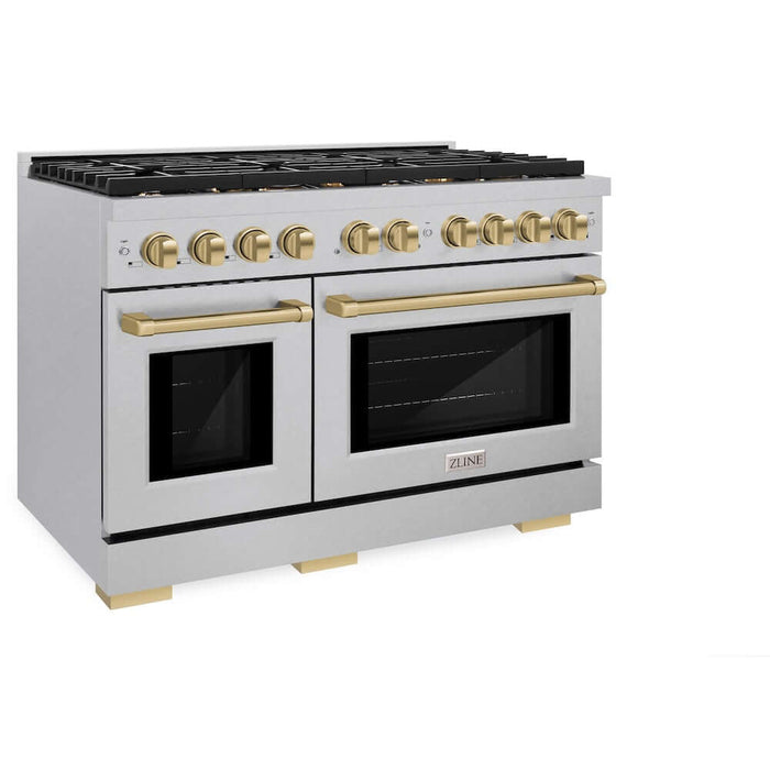 ZLINE Autograph Edition 48 in. 6.7 cu. ft. Paramount Double Oven Gas Range with 8 Burner Cooktop in DuraSnow® Stainless Steel and Champagne Bronze Accents (SGRSZ-48-CB)