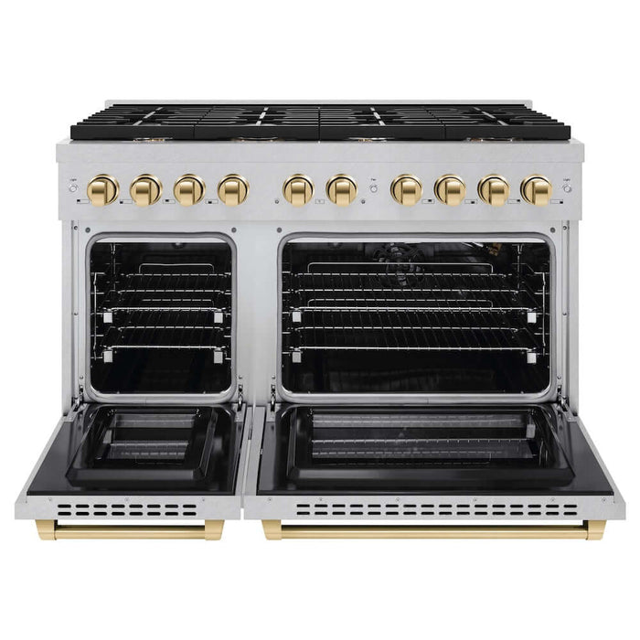 ZLINE Autograph Edition 48 in. 6.7 cu. ft. Paramount Double Oven Gas Range with 8 Burner Cooktop in DuraSnow® Stainless Steel and Polished Gold Accents (SGRSZ-48-G)