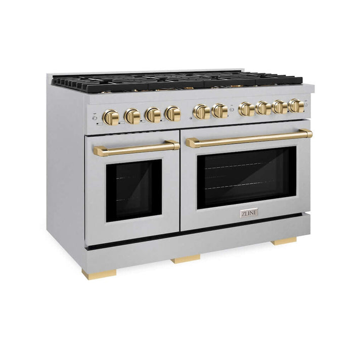 ZLINE Autograph Edition 48 in. 6.7 cu. ft. Paramount Double Oven Gas Range with 8 Burner Cooktop in DuraSnow® Stainless Steel and Polished Gold Accents (SGRSZ-48-G)