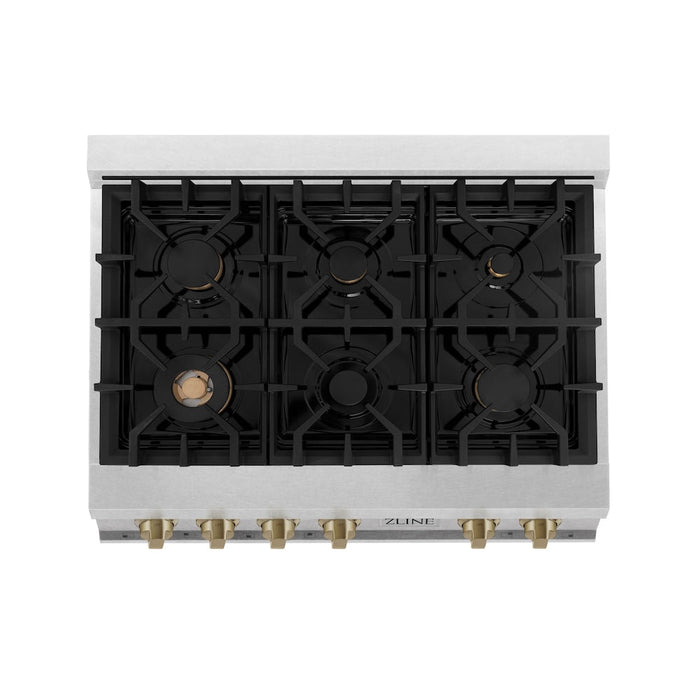 ZLINE Autograph Edition 36 in. Porcelain Rangetop with 6 Gas Burners in DuraSnow® Stainless Steel with Champagne Bronze Accents (RTSZ-36-CB)