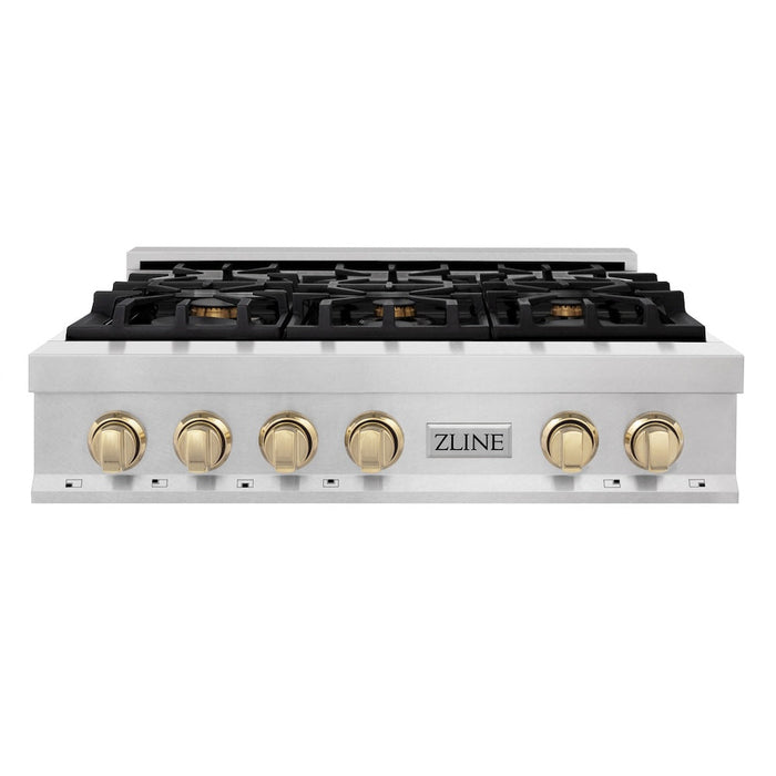 ZLINE Autograph Edition 36 in. Porcelain Rangetop with 6 Gas Burners in DuraSnow® Stainless Steel with Polished Gold Accents (RTSZ-36-G)