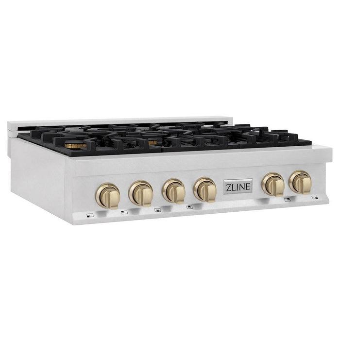 ZLINE Autograph Edition 36 in. Porcelain Rangetop with 6 Gas Burners in DuraSnow® Stainless Steel with Polished Gold Accents (RTSZ-36-G)