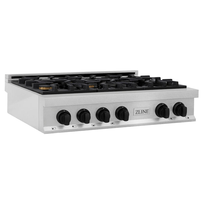 ZLINE Autograph Edition 36 in. Porcelain Rangetop with 6 Gas Burners in DuraSnow® Stainless Steel with Matte Black Accents (RTSZ-36-MB)