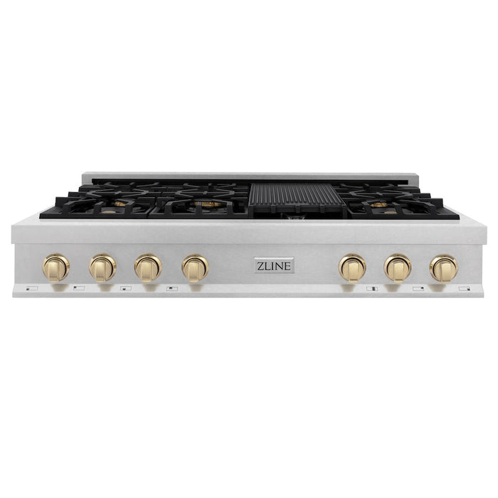 ZLINE Autograph Edition 48 in. Porcelain Rangetop with 7 Gas Burners in DuraSnow® Stainless Steel and Polished Gold Accents (RTSZ-48-G)