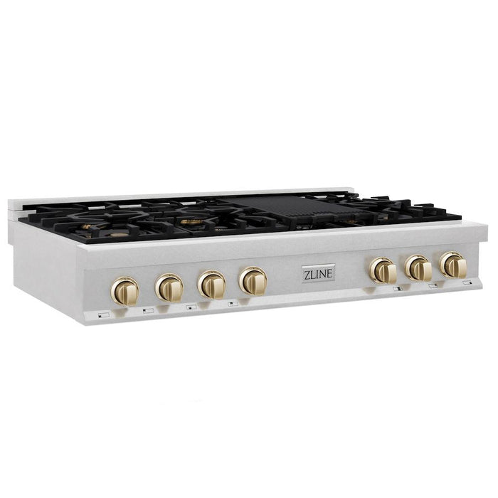 ZLINE Autograph Edition 48 in. Porcelain Rangetop with 7 Gas Burners in DuraSnow® Stainless Steel and Polished Gold Accents (RTSZ-48-G)