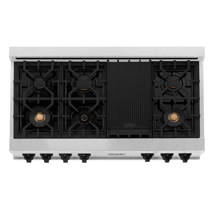 ZLINE Autograph Edition 48 in. Porcelain Rangetop with 7 Gas Burners in DuraSnow Stainless Steel and Matte Black Accents (RTSZ-48-MB)