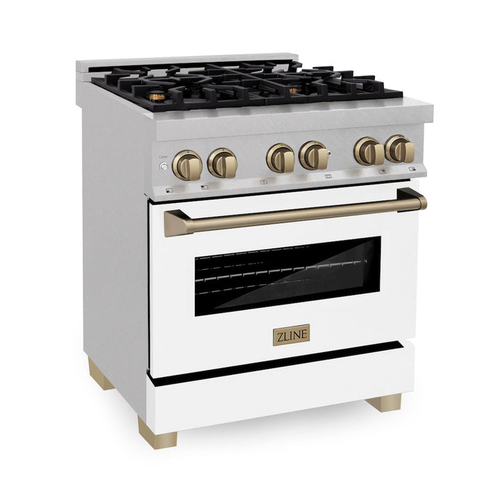 ZLINE Autograph Edition 30 in. 4.0 cu. ft. Dual Fuel Range with Gas Stove and Electric Oven in Fingerprint Resistant Stainless Steel with White Matte Door and Champagne Bronze Accents (RASZ-WM-30-CB)