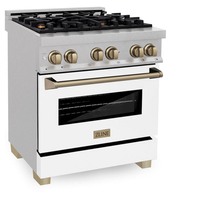 ZLINE Autograph Edition 30 in. 4.0 cu. ft. Dual Fuel Range with Gas Stove and Electric Oven in Fingerprint Resistant Stainless Steel with White Matte Door and Champagne Bronze Accents (RASZ-WM-30-CB)