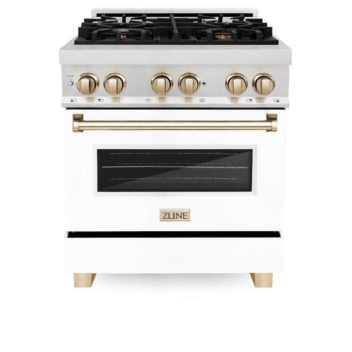 ZLINE Autograph Edition 30 in. 4.0 cu. ft. Dual Fuel Range with Gas Stove and Electric Oven in Fingerprint Resistant Stainless Steel with White Matte Door and Polished Gold Accents (RASZ-WM-30-G)