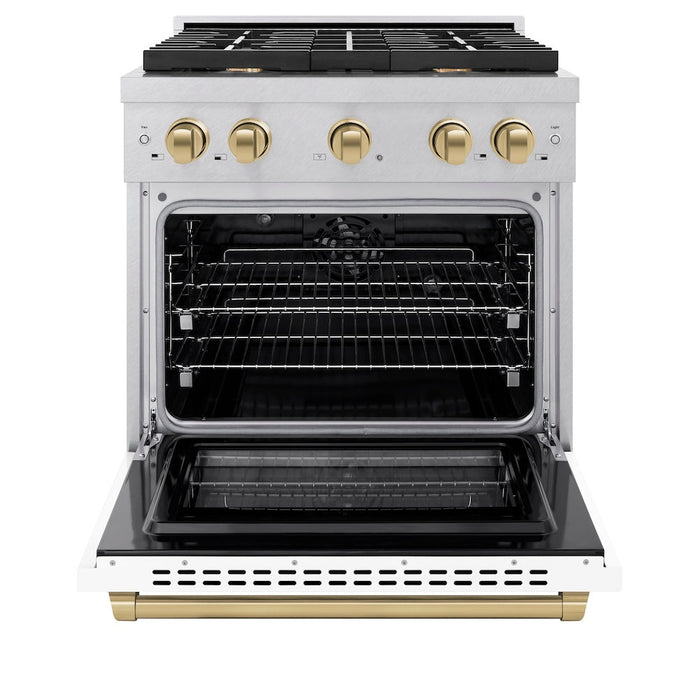 ZLINE Autograph Edition 30 in. 4.2 cu. ft. Paramount Dual Fuel Range with 4 Burner Gas Cooktop and Electric Convection Oven in DuraSnow® Stainless Steel with White Matte Door and Champagne Bronze Accents (SDRSZ-WM-30-CB)