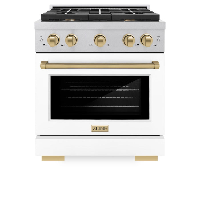 ZLINE Autograph Edition 30 in. 4.2 cu. ft. Paramount Dual Fuel Range with 4 Burner Gas Cooktop and Electric Convection Oven in DuraSnow® Stainless Steel with White Matte Door and Champagne Bronze Accents (SDRSZ-WM-30-CB)