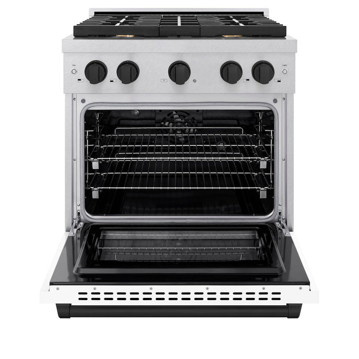 ZLINE Autograph Edition 30 in. 4.2 cu. ft. Paramount Dual Fuel Range with 4 Burner Gas Cooktop and Electric Convection Oven in DuraSnow® Stainless Steel with White Matte Door and Matte Black Accents (SDRSZ-WM-30-MB)