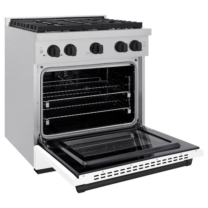 ZLINE Autograph Edition 30 in. 4.2 cu. ft. Paramount Dual Fuel Range with 4 Burner Gas Cooktop and Electric Convection Oven in DuraSnow® Stainless Steel with White Matte Door and Matte Black Accents (SDRSZ-WM-30-MB)