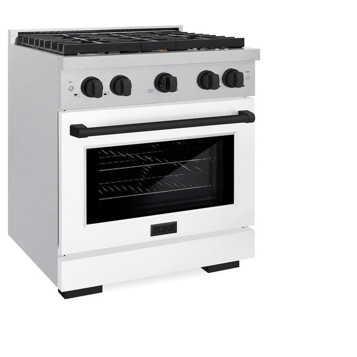 ZLINE Autograph Edition 30 in. 4.2 cu. ft. Paramount Dual Fuel Range with 4 Burner Gas Cooktop and Electric Convection Oven in DuraSnow® Stainless Steel with White Matte Door and Matte Black Accents (SDRSZ-WM-30-MB)