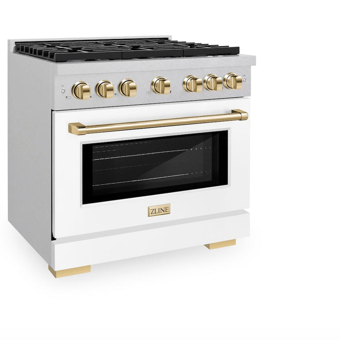 ZLINE Autograph Edition 36 in. 5.2 cu. ft. Paramount Dual Fuel Range with 6 Burner Gas Cooktop and Electric Convection Oven in DuraSnow® Stainless Steel with White Matte Door and Polished Gold Accents (SDRSZ-WM-36-G)