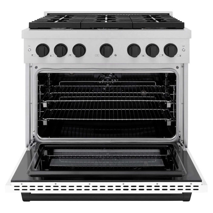 ZLINE Autograph Edition 36 in. 5.2 cu. ft. Paramount Dual Fuel Range with 6 Burner Gas Cooktop and Electric Convection Oven in DuraSnow® Stainless Steel with White Matte Door and Matte Black Accents (SDRSZ-WM-36-MB)