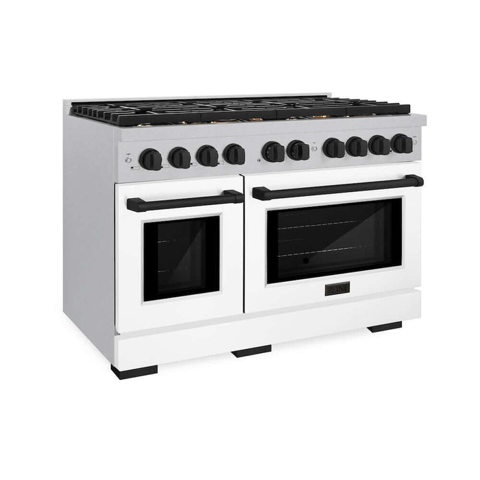 ZLINE Autograph Edition 48 in. 6.7 cu. ft. Paramount Double Oven Dual Fuel Range with 8 Burner Gas Cooktop in DuraSnow® Stainless Steel with White Matte Doors and Matte Black Accents (SDRSZ-WM-48-MB)