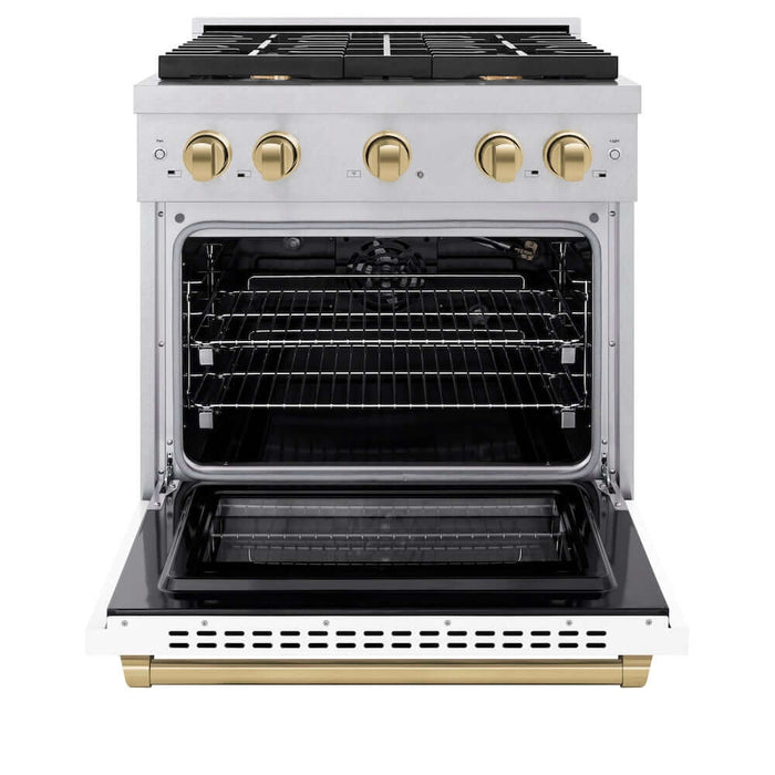 ZLINE Autograph Edition 30 in. 4.2 cu. ft. Paramount Gas Range with 4 Burner Cooktop and Convection Gas Oven in DuraSnow® Stainless Steel with White Matte Door and Champagne Bronze Accents (SGRSZ-WM-30-CB)