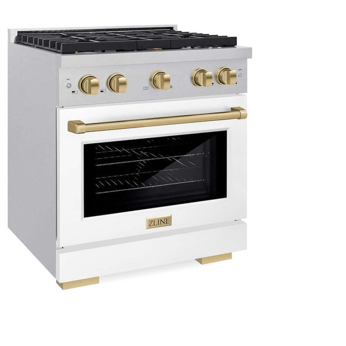 ZLINE Autograph Edition 30 in. 4.2 cu. ft. Paramount Gas Range with 4 Burner Cooktop and Convection Gas Oven in DuraSnow® Stainless Steel with White Matte Door and Champagne Bronze Accents (SGRSZ-WM-30-CB)