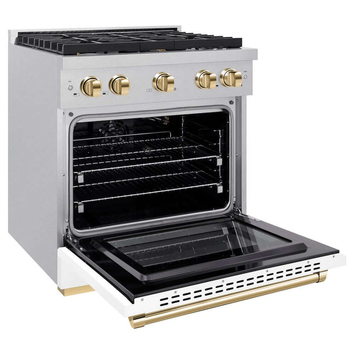 ZLINE Autograph Edition 30 in. 4.2 cu. ft. Paramount Gas Range with 4 Burner Cooktop and Convection Gas Oven in DuraSnow® Stainless Steel with White Matte Door and Polished Gold Accents (SGRSZ-WM-30-G)