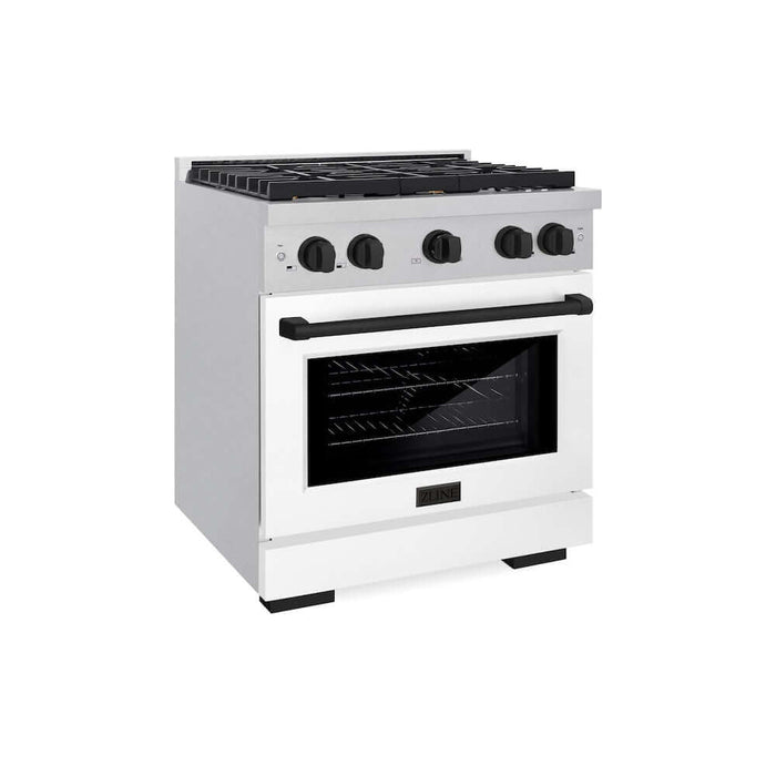 ZLINE Autograph Edition 30 in. 4.2 cu. ft. Paramount Gas Range with 4 Burner Cooktop and Convection Gas Oven in DuraSnow® Stainless Steel with White Matte Door and Matte Black Accents (SGRSZ-WM-30-MB)