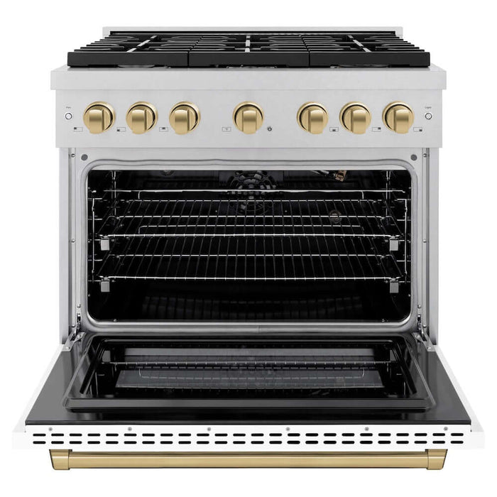 ZLINE Autograph Edition 36 in. 5.2 cu. ft. Paramount Gas Range with 6 Burner Cooktop and Convection Gas Oven in DuraSnow® Stainless Steel with White Matte Door and Champagne Bronze Accents (SGRSZ-WM-36-CB)