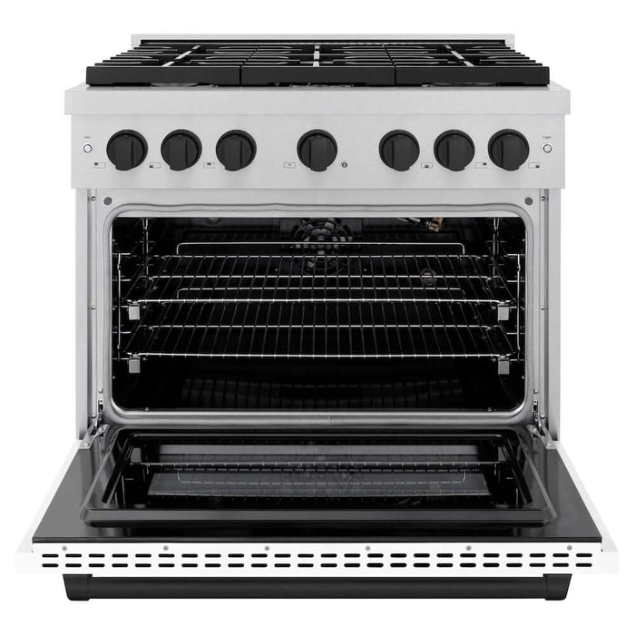 ZLINE Autograph Edition 36 in. 5.2 cu. ft. Paramount Gas Range with 6 Burner Cooktop and Convection Gas Oven in DuraSnow® Stainless Steel with White Matte Door and Matte Black Accents (SGRSZ-WM-36-MB)