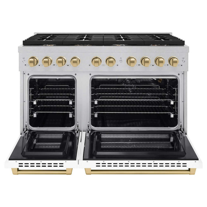 ZLINE Autograph Edition 48 in. 6.7 cu. ft. Paramount Double Oven Gas Range with 8 Burner Cooktop in DuraSnow® Stainless Steel with White Matte Doors and Champagne Bronze Accents (SGRSZ-WM-48-CB)