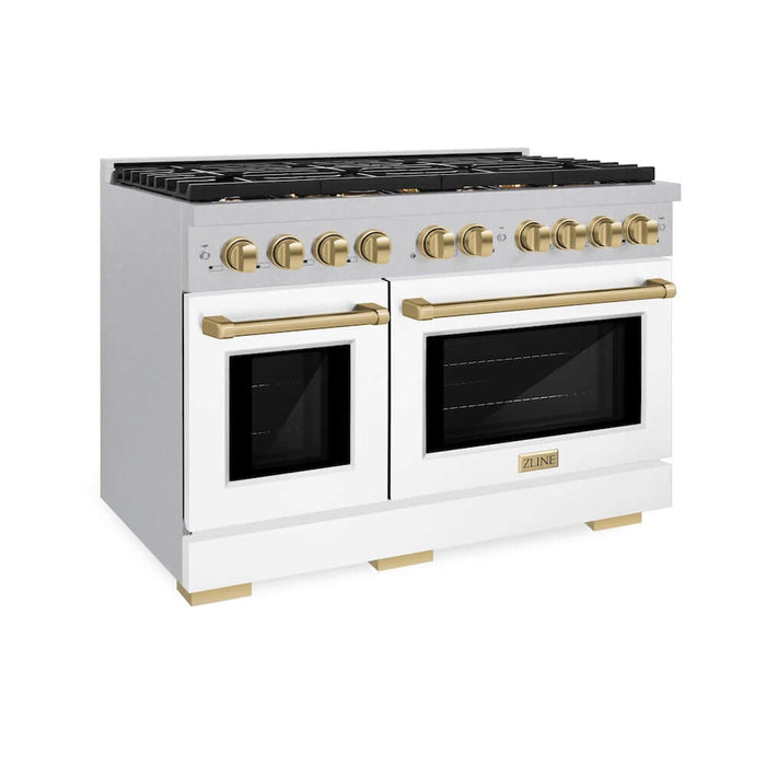 ZLINE Autograph Edition 48 in. 6.7 cu. ft. Paramount Double Oven Gas Range with 8 Burner Cooktop in DuraSnow® Stainless Steel with White Matte Doors and Champagne Bronze Accents (SGRSZ-WM-48-CB)