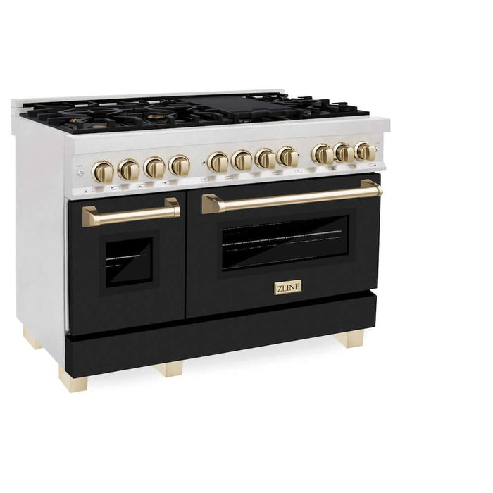 ZLINE Autograph Edition 48 in. 6.0 cu. ft. Legacy Dual Fuel Range with 7 Burner Gas Cooktop and 2 Electric Ovens in DuraSnow® Stainless Steel with Black Matte Doors and Polished Gold Accents (RASZ-BLM-48-G)