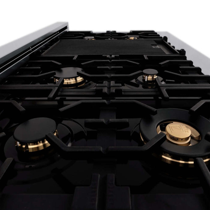 ZLINE Autograph Edition 48 in. 6.0 cu. ft. Legacy Dual Fuel Range with 7 Burner Gas Cooktop and 2 Electric Ovens in Stainless Steel with Black Matte Doors and Polished Gold Accents (RAZ-BLM-48-G)