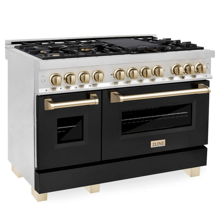 ZLINE Autograph Edition 48 in. 6.0 cu. ft. Legacy Dual Fuel Range with 7 Burner Gas Cooktop and 2 Electric Ovens in Stainless Steel with Black Matte Doors and Polished Gold Accents (RAZ-BLM-48-G)