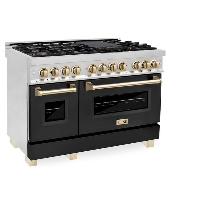 ZLINE Autograph Edition 48 in. 6.0 cu. ft. Legacy Dual Fuel Range with 7 Burner Gas Cooktop and 2 Electric Ovens in Stainless Steel with Black Matte Doors and Polished Gold Accents (RAZ-BLM-48-G)