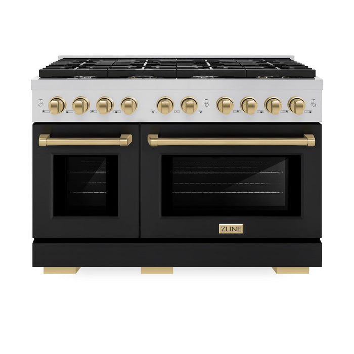 ZLINE Autograph Edition 48 in. 6.7 cu. ft. Paramount Double Oven Dual Fuel Range with 8 Burner Gas Cooktop in Stainless Steel with Black Matte Doors and Champagne Bronze Accents (SDRZ-BLM-48-CB)