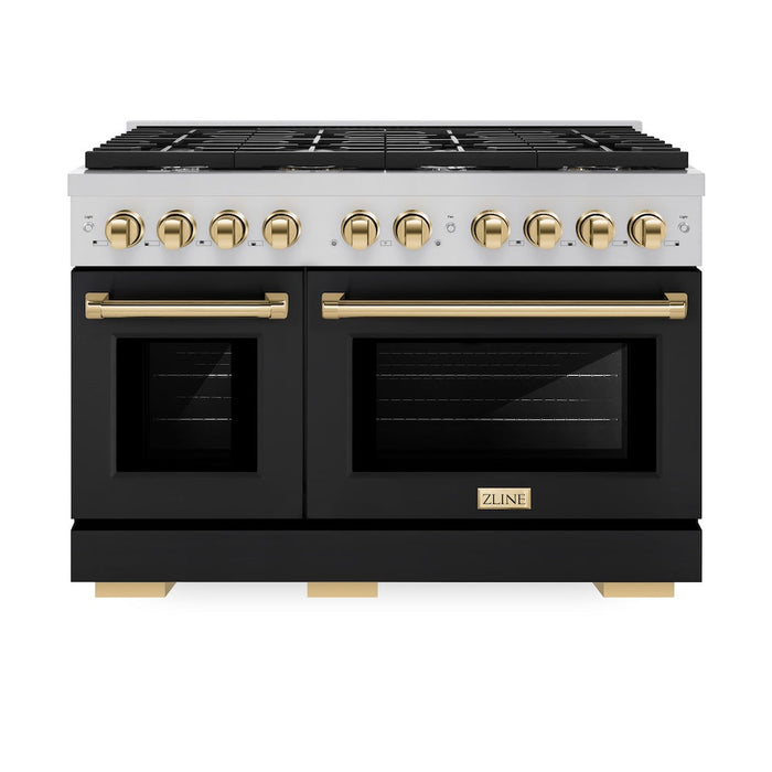 ZLINE Autograph Edition 48 in. 6.7 cu. ft. Paramount Double Oven Dual Fuel Range with 8 Burner Gas Cooktop in Stainless Steel with Black Matte Doors and Polished Gold Accents (SDRZ-BLM-48-G)