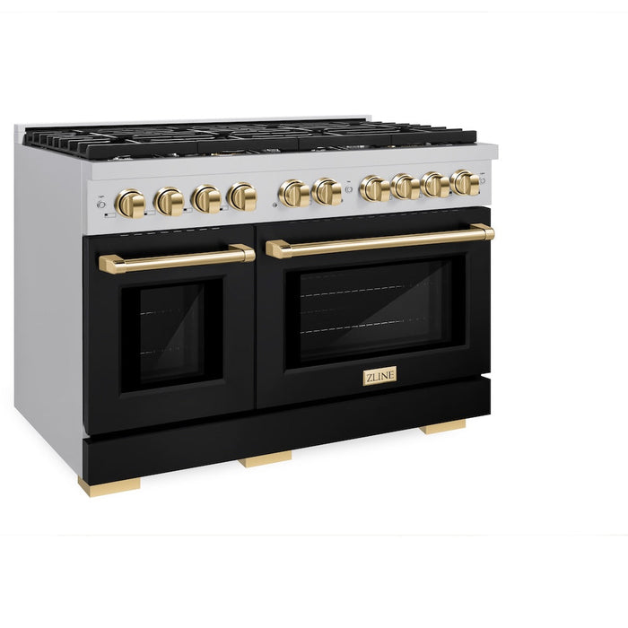 ZLINE Autograph Edition 48 in. 6.7 cu. ft. Paramount Double Oven Dual Fuel Range with 8 Burner Gas Cooktop in Stainless Steel with Black Matte Doors and Polished Gold Accents (SDRZ-BLM-48-G)