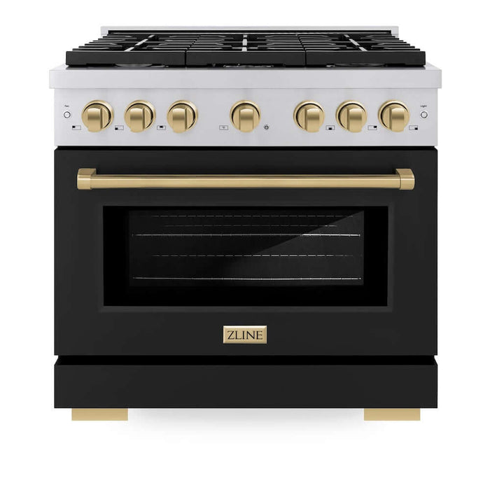 ZLINE Autograph Edition 36 in. 5.2 cu. ft. Paramount Gas Range with 6 Burner Cooktop and Convection Gas Oven in Stainless Steel with Black Matte Door and Champagne Bronze Accents (SGRZ-BLM-36-CB)