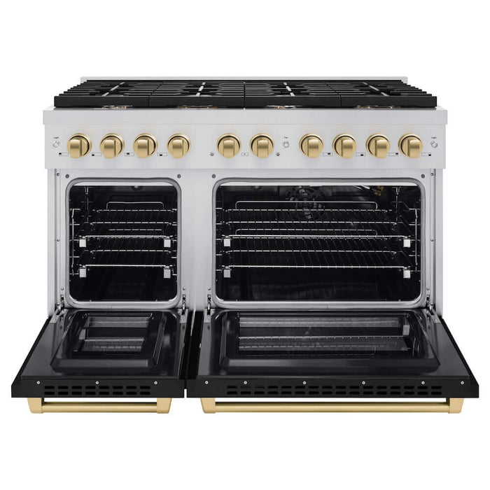 ZLINE Autograph Edition 48 in. 6.7 cu. ft. Paramount Double Oven Gas Range with 8 Burner Cooktop in Stainless Steel with Black Matte Doors and Champagne Bronze Accents (SGRZ-BLM-48-CB)