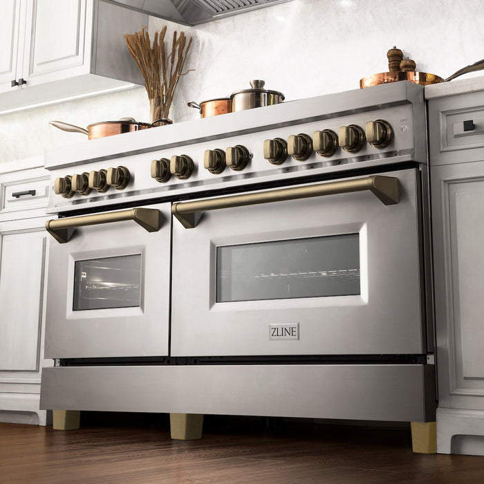 ZLINE Autograph Edition 60 in. 7.4 cu. ft. Dual Fuel Range with Gas Stove and Electric Oven in Stainless Steel with Champagne Bronze Accents (RAZ-60-CB)